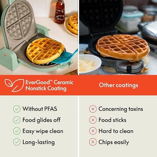 bella Flip-n-Store Waffle Maker with EverGood™ Ceramic Nonstick Coating, Fits-anywhere™ Kitchenware, Power Indicator Light, Cool Touch Handle & Cord Wrap, 7” Wide & 1" Deep Plates, 1000 Watt, Seaglass thumbnail 7