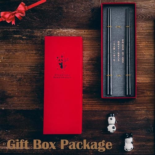 HauSun 2 Pairs Chopsticks and Chopstick Rest Gift Set- Dishwasher Safe Reusable Fiber Glass Chopsticks + Porcelain Cute Panda Chopstick Holder, Non-slip Chinese Japanese Style, Black thumbnail 7