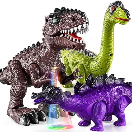 TEMI 3 Pack Electrical Walking Dinosaur Toys for Toddlers 3-4 3-5 Years with Sound and Light Up, Toddler Robot Dinosaur, Brachiosaurus, Stegosaurus Dinosaur Figures for Kids - Image 1