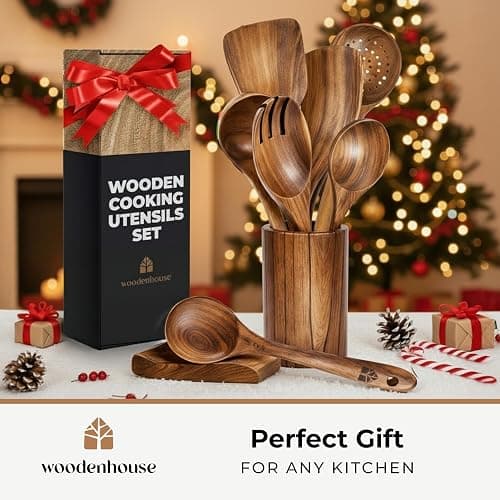 Wooden Utensil Set 8 Pcs – Sturdy & Easy to Clean, Natural Teak Wooden Spoons for Cooking – Non-Scratch Cooking Utensils with Spatula, Turner, Ladle, Spoons, Holder, Spoon Rest, 6 Hooks Kitchen Gifts thumbnail 2