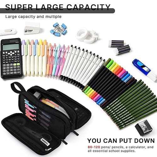 TOPBIDAI Large Pencil Case Pouch for Girls Boy Women Men Adults | Big Capacity Canvas Pencil Bag, Office School Supplies, Multi Compartment Zipper Stationery Pen Box (Coal Black) thumbnail 3