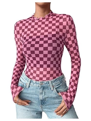Floerns Women's Checker Print Long Sleeve T Shirts Sheer Mesh Plaid Print Tops - Image 1