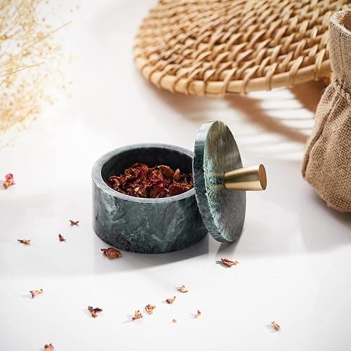 Queenza Green Marble Salt Cellar with Lid & Brass Knob - Natural Marble Spice Container for Kitchen Countertop, Gourmet Salt Holder, Small Decorative Storage Box, Gift for Home Chef thumbnail 5