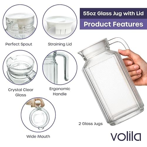 Glass Pitcher with Lid – 2 Pack 55 oz Glass Water Pitcher, Iced Tea Pitcher with Handle, Ribbed Juice Container for Fridge, Glass Beverage Container for Lemonade, Milk, Drinks thumbnail 3