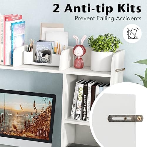 Tangkula Desktop Bookshelf, Countertop Storage Hutch with 5 Shelves for Computer Desk, Desktop 3-Tier Display Rack, Multipurpose Wood Desktop Hutch Storage Organizer for Dorm Office Home - White-5 Shelves thumbnail 6