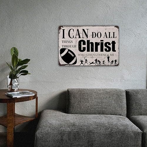 Football Wall Decor for Boys – “I Can Do All Things Through Christ” Inspirational Tin Sign – Christian Sports Room Art for Kids Bedroom or Locker Room, 8x12 Metal Football Sign thumbnail 5
