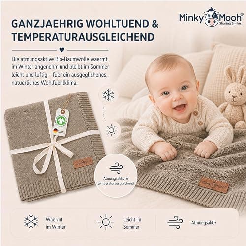Minky Mooh® - Babydecke aus 100% Bio Baumwolle (Öko-Tex 100) Gr. 94x72cm Taupe - Baby & Kuscheldecke Geschenk für Neugeborene zur Geburt Erstausstattung - Pucktuch & Baumwolldecke Mädchen & Jungen thumbnail 7