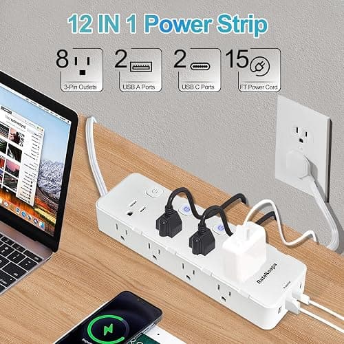 Surge Protector Power Strip 15 ft Cord - 8 Widely AC Outlets 4 USB (2 USB C), Flat Plug Extension Cord with Individual Switches, Wall Mount, Desk Charging Station for Home Office, 1400J thumbnail 2