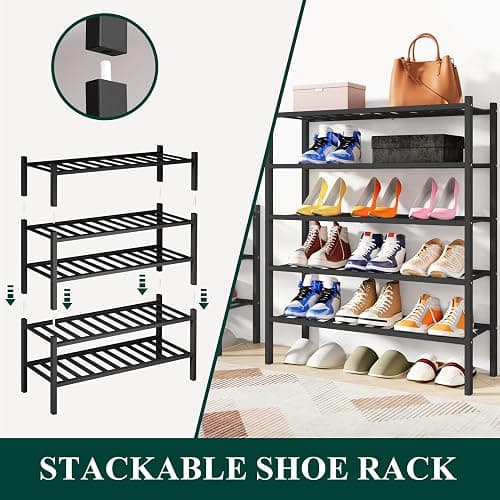 Smiry Shoe Rack, 3 Tier Bamboo Shoe Organizer, Stackable Free Standing Wooden Shoe Storage Shelf for Closet, Entryway, Front Door Entrance, Black thumbnail 4