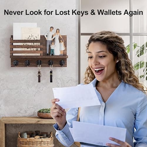 Lwenki Key Holder for Wall – Decorative Wooden Mail Holder and Key Shelf with Mounting Hardware, Installation Guide – Paulownia Wood with 5 Metal Key Hooks (11.8” x 6.7” x 2.8”) thumbnail 6