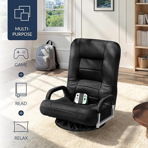 Best Choice Products Swivel Gaming Chair 360 Degree Multipurpose Floor Chair Rocker for TV, Reading, Playing Video Games w/Lumbar Support, Armrest Handles, Adjustable Foldable Backrest - Black/Black thumbnail 4
