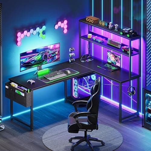 L Shaped Desk Gaming Desk with LED Light & Power Outlet thumbnail 2