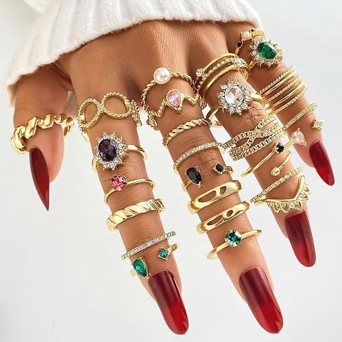 Gold Boho Sparkle Knuckle Rings Set For Women, Vintage Fashion Aesthetic Trendy Joint Snake Ring Pack, Retro Green Black Pink Colorful Rhinestone Star Crystal Leaf Diamond Pearl Jewelry thumbnail 3
