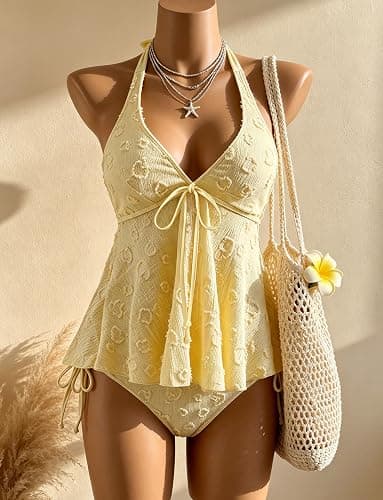 XZI Womens Tankini Swimsuits 2 Piece, Textured Jacquard Peplum Top, Adjustable Halter Bathing Suits, Mid-Low Bikini Bottoms thumbnail 2