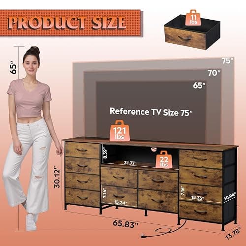 WLIVE 12 Drawer Dresser for Bedroom, Dresser TV Stand for 65, 70, 75 inch TV with Led Lights & Charging Station, Wide Chest of Drawers with Open Shelves, Fabric Dressers for Living Room, Rustic Brown thumbnail 2
