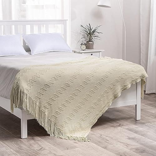 MIULEE Knitted Beige Throw Blanket Soft Sofa Knit Blanket for Couch 50 x 60 Inches, Solid Cozy Lightweight Wave Pattern Decorative Blankets with Tassels for Women, Kids thumbnail 4