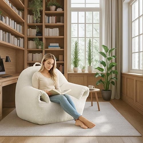 Peace nest Bean Bag Chair with Memory Foam Filled Ultra Soft Corduroy Cover for Adults Comfy Fur Bean Bag Chairs with Armrests for Bedroom Living Room Office Dorm Reading Beige thumbnail 3