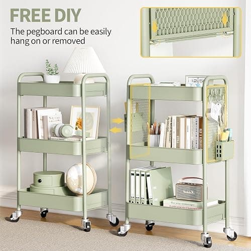 TOOLF 3 Tier Rolling Cart Storage Organizer, Metal Rolling Utility Cart with Wheels, Hooks & Bins Esthetician Craft Art Sturdy Storage with Pegboard for Bathroom, Kitchen, Office, Nursery Diaper thumbnail 4