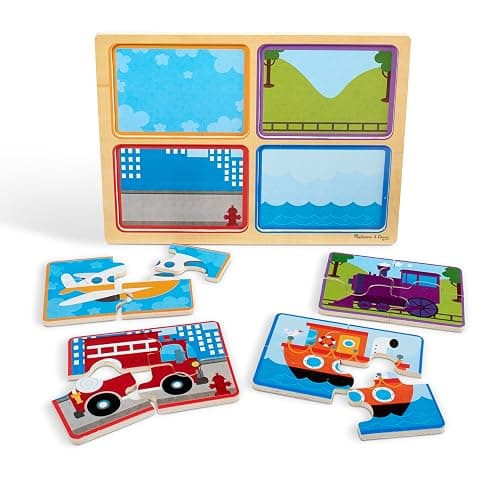 Melissa & Doug Natural Play Wooden Puzzle: Ready, Set, Go (Four 4-Piece Vehicle Puzzles) thumbnail 5