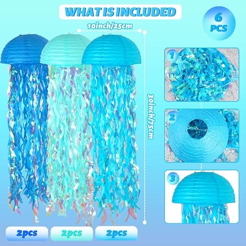 ADLKGG 10" Jellyfish Paper Lanterns Lamps - Gradient Blue Under the Sea Party Decorations for Mermaid Theme Birthday, Beach Baby Shower, Pre-Assembled Classroom & Ocean Decor, 6 PCS thumbnail 3