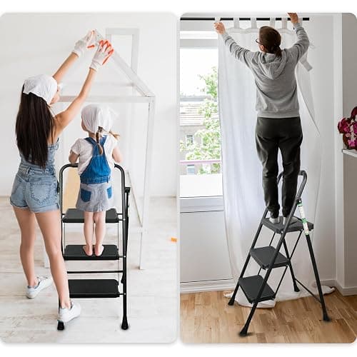 3 Step Ladder, Portable Steel Folding Stool with Wide Anti-Slip Pedal, 500lbs Sturdy Steel Ladder, Black thumbnail 9