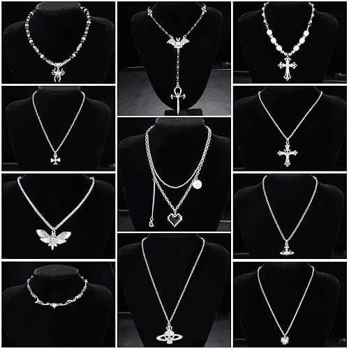 Subiceto Vintage Gothic Necklace Set for Women Punk Grunge Cross Heart Bat Spider Angel Wing Saturn Skull Pendant Layered Choker Statement Necklaces thumbnail 6