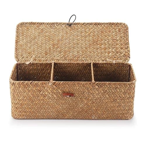 Seagrass Storage Basket with Lid Rectangular Small Woven Shelf Baskets with Sections for Organize Snack Toys Tampon thumbnail 2