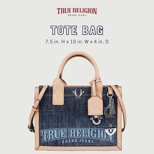 True Religion Denim Tote Bag, Bombe Logo Shoulder Carryall with Horseshoe Hardware and Strap Hand Bag, Dark Denim thumbnail 2