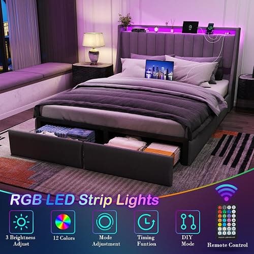 Queen Bed Frame with 2 Storage Drawers, Platform Bed Frame Queen Size with LED Light, Upholstered Headboard, Charging Station, Steel Slat Support, No Box Spring Needed, Noise-Free, Easy Assembly, Gray thumbnail 6