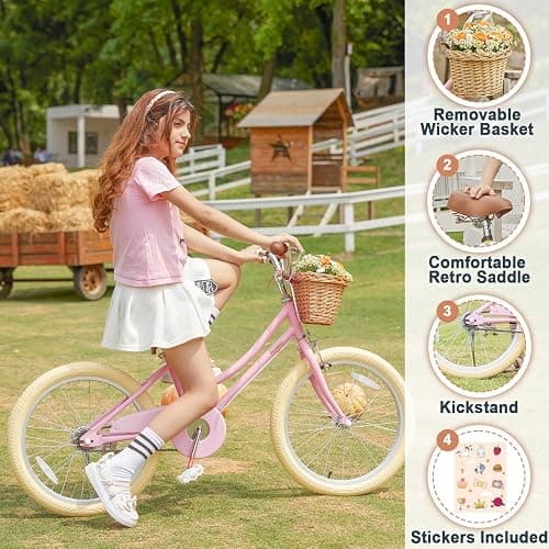 Petimini Girls Bike with Basket for 2-12 Years Old Kids, 12 14 16 18 20 Inch Bicycle with Bell Training Wheels, Multiple Colors - Pink - 20 Inch With Kickstand & Dual Hand Brakes thumbnail 4