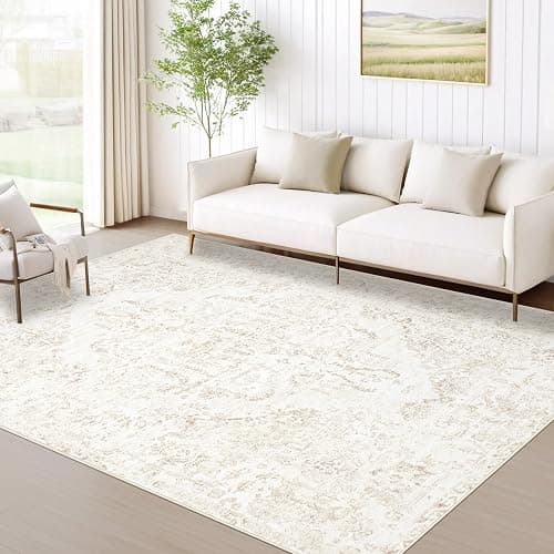 5x7 Area Rugs for Living Room: Washable Rug Vintage Large Rugs Soft Non Slip Low Pile Rug Floral Distressed Floor Carpet for Bedroom Kitchen Nursery Dining Room Home Office (Beige, 5'x7') - Image 1