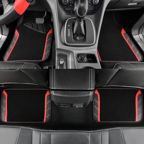 CAR PASS Leather Steering Wheel Cover and Waterproof Car Floor Mats,Microfiber Universal Car Combo Fit for 95% Sedan,SUV,Cars,14.5-15inch Sporty Anti-Slip Safety Comfortable Design(Black＆Red) thumbnail 5