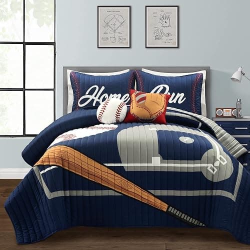 Lush Decor Baseball Game Reversible Quilt Queen Size 5 Piece Set Full/Queen Navy & Gray - Kids Bedding Set Full Quilt - Sports Decor - Baseball Bedding - Image 1