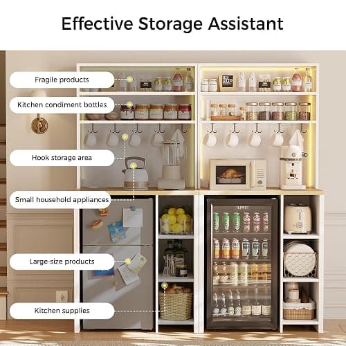 IRONCK Bakers Rack with Mini Fridge Space, 69.3" Microwave Stand, White | 7-Tier Coffee Bar Station, Power Outlets, LED Lights, Space-Saving Utility Organizer for Small Apartment, Dorm, Living Room thumbnail 4