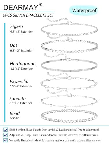 DEARMAY Dainty Silver Plated Chain Bracelets for Women Trendy, Waterproof Silver Jewelry Sets Fashion Stackable Beaded Figaro Herringbone Paperclip Chain Bracelet Pack Stack Gifts thumbnail 5