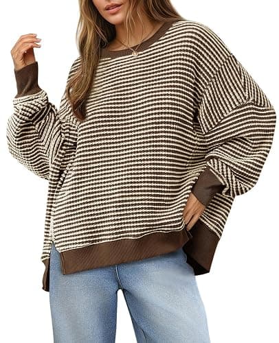 Fisoew Women's Fall Oversized Sweatshirt Casual Waffle Knit Long Sleeve Crewneck Split Pullover Tunic Tops - Image 1
