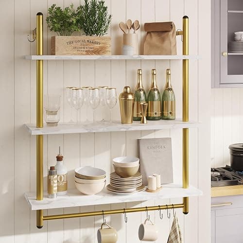 Bestier 31" Industrial Pipe Shelving, Floating Kitchen Wall Shelves 3 Tier Coffee Bar Shelves for Wall with 8 Hooks, Hanging Display Shelf Bookshelf for Living Room Bathroom, White Marble thumbnail 4