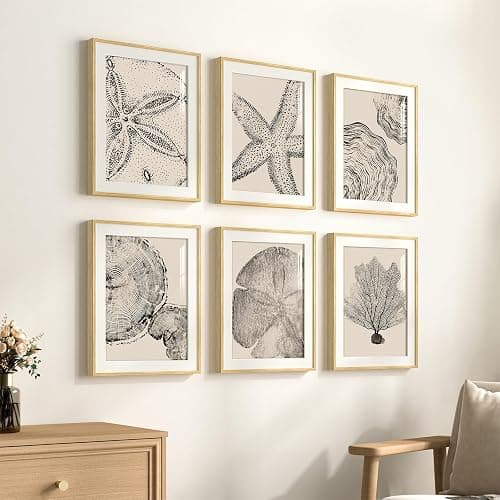 Framed Coastal Wall Art for Living Room, 6 Piece Neutral Black Beige Modern Abstract Prints Artwork, Ocean Coral and Beach Tree Ring Pictures for Bedroom Dining Room Bathroom Wall Decor 11x14 In thumbnail 2