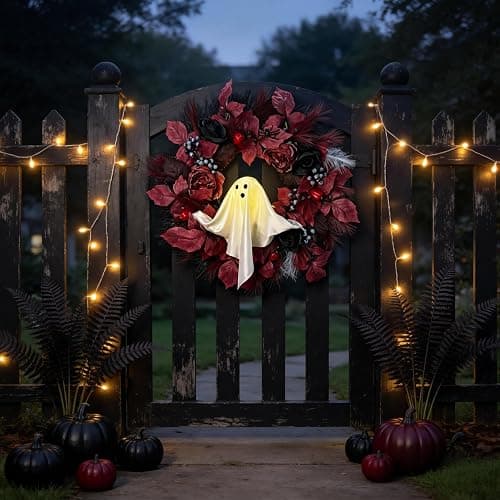 HipTree 20 Inch Lighted Ghost Halloween Wreath for Front Door | Spooky Ghost Wreath With Red Black Roses & Berries. Warm LED Light For Indoor Outdoor Porch, Window & Haunted House Decor thumbnail 6