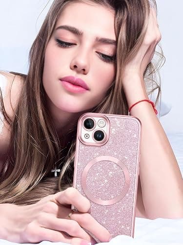 DOMAVER for iPhone 13 Case, Phone Cases with Magnetic [Compatible with MagSafe] Luxury Clear Glitter Bling Sparkly Shockproof Protective Cover Full Camera Lens Protector for Women Girls- Pink - Pink thumbnail 7