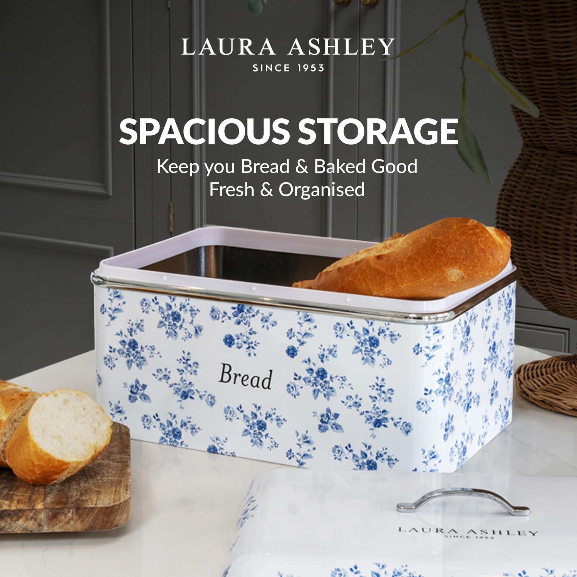 Laura Ashley Bread Storage Box with Lid by VQ - Large Bread Bin for Kitchen with Removable Lid - Easy to Clean Stainless Steel Bread Box with Hand-Applied Designer Print - China Rose thumbnail 6
