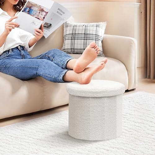 PINPLUS Round Storage Ottoman Cube Footrest - Versatile Boucle & Faux Teddy Fur Stool with Hidden Compartment for Living Room, Dorm, Bedroom White, 15"x15"x13.2" thumbnail 2