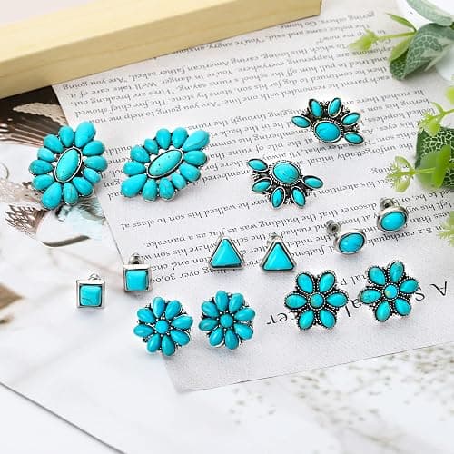 NEWITIN 14 Pairs Turquoise Stud Earrings for Women Hypoallergenic Earring ‌Turquoises Jewelry Gemstone Oval Round Flower Shape Square Studs Turquoise Earrings for Women thumbnail 4