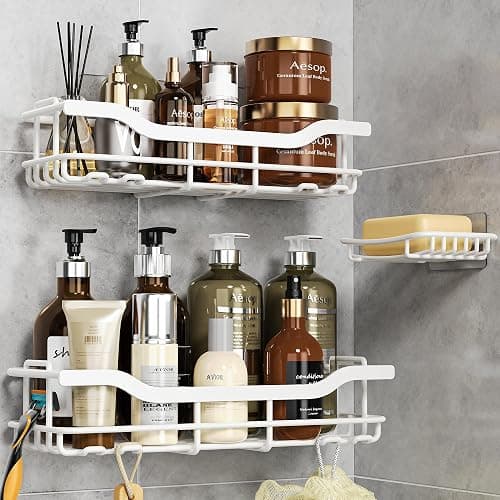 OMAIRA 3-Pack Shower Caddy with Soap Holder, Adhesive Rustproof No-drill Strudy Loading Inside Shower Organizer Shelves Rack Storage Bathroom Organization for Smooth Wall Glass Tile, White (X-Large) - Image 1