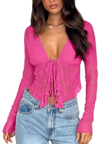 AGECODE Women's Sexy Open Front Tie Long Sleeve Ruffle Trim Sheer Mesh Lace Crop Tops Blouses - Image 1