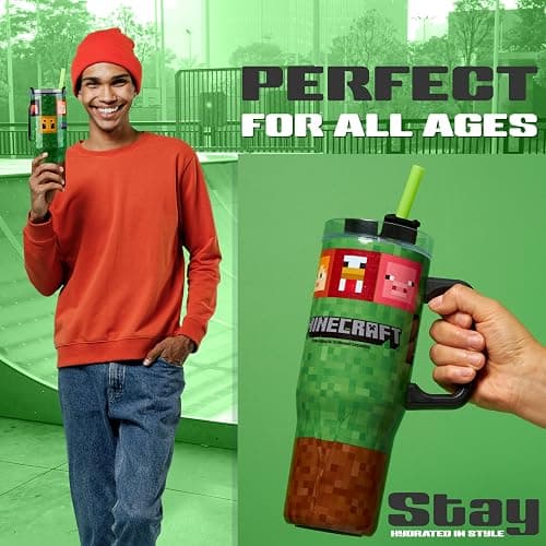Minecraft Insulated Tumbler Travel Mug 940ml/33oz Creeper Water Bottle with Straw & Handle Thermal Double Wall Vacuum Insulation Drinks Cold Up to 17Hrs, Hot Up to 8Hrs, 45Hrs Ice thumbnail 4