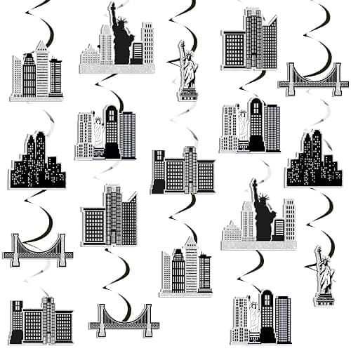 Cheerupp 24 Pcs Black New York City Theme Hanging Swirls Decorations | Black NYC Skyline Design, City Skyline Ceiling Streamers, Black Foil Spiral, Need Assembly, for Birthday Baby Shower Party - Image 1