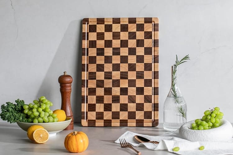 THETCHRY Cutting Boards for Kitchen, Design in USA Large Acacia Wood Chopping Board, Checkered Cutting Board with Juice Grooves & Handles, Butcher Block Serving Tray with Gift Box 16.5" x 11.6" x 0.8" thumbnail 8