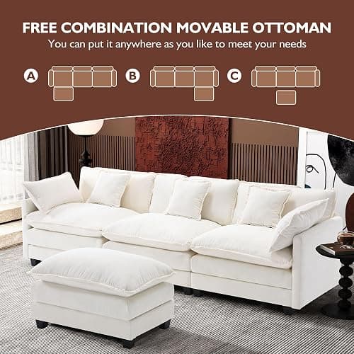 Ihanherry 111.4" L Shaped Modern Sofa Modular Sectional Cloud Couch with Ottoman, 4-Seat Chenille Deep Seat Sofa with Pillow for Living Room, Bedroom and Apartment, Beige thumbnail 5