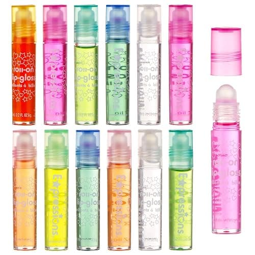 Expressions girl 12pc Roll On Lip Gloss Set with Carrying Case, Glossy Lip Make-up for Kids and Teens - Fruity Flavors, Non Toxic, Kid Friendly, Party Gift, Best Friends - 12 Pack Flavored Lip Gloss thumbnail 2